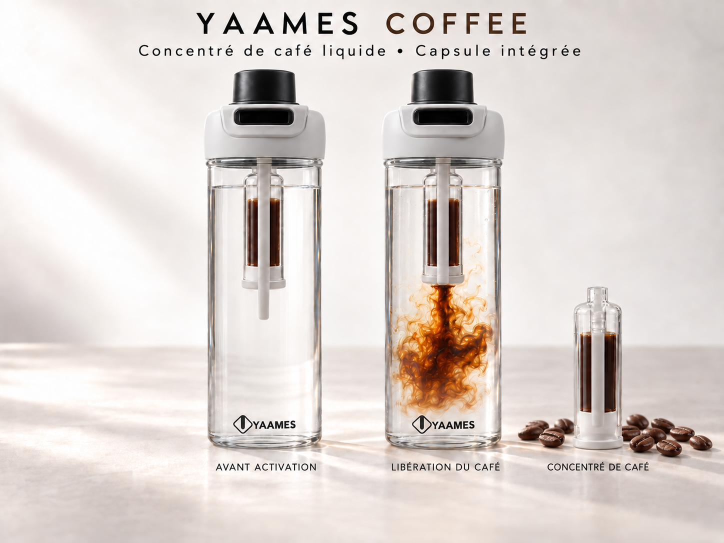 Le concentré de café libéré depuis la capsule YAAMES, avec des grains de café au premier plan
